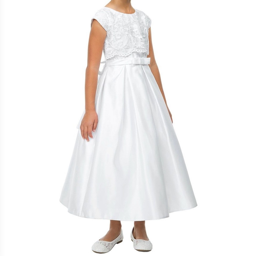 Sweet Kids White Embroidered Mesh Crop Top Satin Communion Dress w/ Pockets